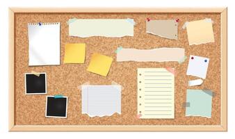 Notice board. Corkboard, noticeboard with blank ripped paper notes for message, memo pined stickers and photo frames. Information office wall border illustration vector