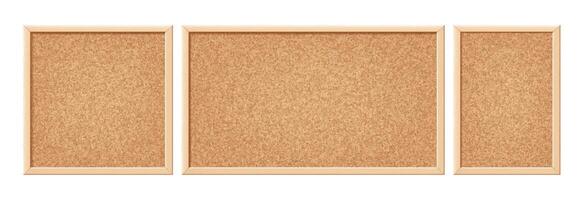 Cork board. Noticeboard with cork texture in square and rectangular wooden frame. Corkboard, pin board with brown grain texture for school or office announcement. set vector