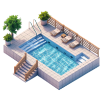 sometric view of a modern swimming pool area with clean tile flooring, lounge chairs, railings, and greenery, ideal for relaxation and leisure. png