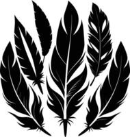 Detailed feather silhouette set, black feather shapes set. vector