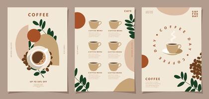 Set of minimal background templates with coffee beans and coffee mug for invitations, cards, banner, brochure, poster, cover, cafe menu or another design. vector