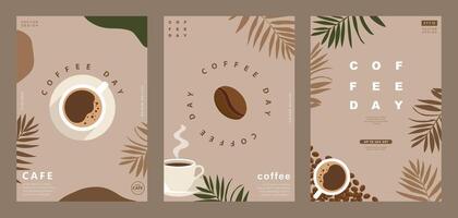 Set of minimal background templates with coffee beans and coffee mug for invitations, cards, banner, brochure, poster, cover, cafe menu or another design. vector