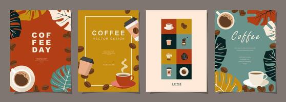 Set of sketch banners with coffee beans and leaves on minimal background for invitations, cards, banner, poster, cover, cafe menu or another template design. vector