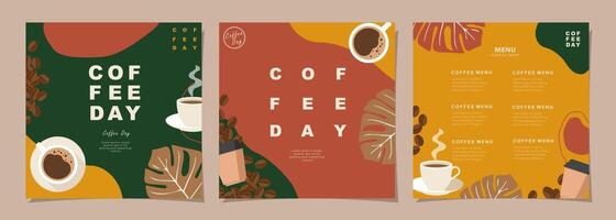 Set of sketch banners with coffee beans and leaves on minimal background for invitations, cards, banner, poster, cover, cafe menu or another template design. vector