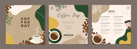 Set of sketch banners with coffee beans and leaves on minimal background for invitations, cards, banner, poster, cover, cafe menu or another template design. vector