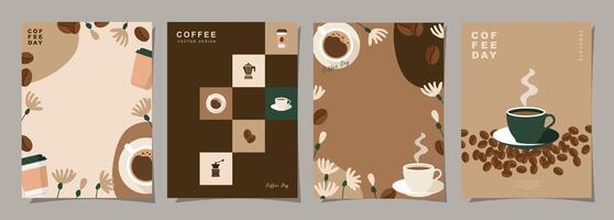 Set of sketch banners with coffee beans and leaves on minimal background for invitations, cards, banner, poster, cover, cafe menu or another template design. vector