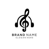 Headphone with music note, simple flat logo template in black color, simple modern and minimal logo. vector