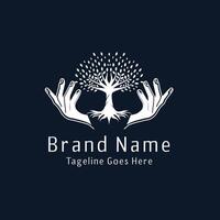 Human hands and tree with green leaves. Logo, symbol, icon, illustration, , template, design vector