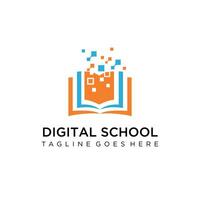 digital tech book logo design, Digital school. On-line educational blue logo. Open book with pages and pixels. Virtual i.q. courses identity. vector