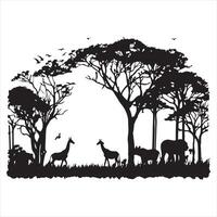 African safari animals and trees in scene silhouette white background vector