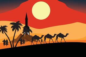 Silhouettes of camels against a desert backdrop vector