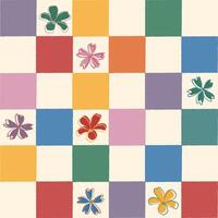 Hippie 60s 70s seamless patterns Flowers on checkerboard, mesh background in retro style Fashion design textile, fabric, wallpaper, wrapping and prints Hand-Drawn Illustration Groovy Background vector