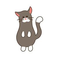 Cute black Cat stands on its hind legs isolated. Domestic kitten with white paws, tip of tail. Character with muzzle for sticker. Kawaii animal with whiskers. Doodle. Color illustration vector