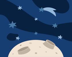 Surface of the Moon, stars in space. Dark Galaxy with meteorite, Earth satellite. Outer space, astronomy, universe. Cartoon Background. Image for child. Flat design. Color image. illustration vector