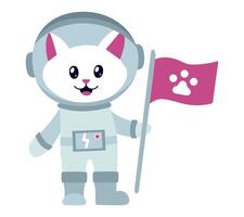 Astronaut cat with flag and animal print. Isolated character. Smiling Kitten in spacesuit. Pet. Discoverer, space explorer. Image of profession for child. Flat design. Color image. illustration vector