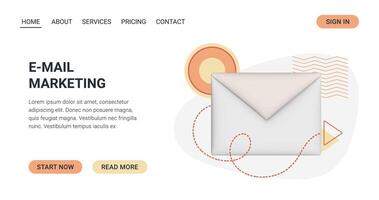 E-mail Marketing Website template with 3D envelope. Promotional page with voluminous letter, Memphis elements. Landing page design for email delivery business. Advertising block. illustration vector
