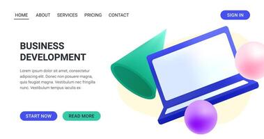 Website template for business, online courses and education. 3D laptop, geometric shapes - spheres, cone. Technologies. Promo page three-dimensional Computer with blank screen. illustration vector