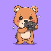 Cute bear taking photo with camera cartoon illustration vector