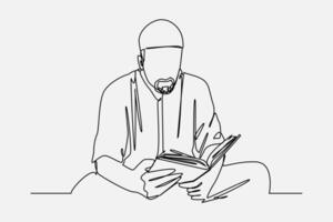 One line drawing of muslim man reading quran. Editable stroke. Graphic illustration. vector