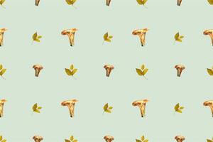 Botanical watercolor hand drawn seamless pattern with mushrooms fly agaric and chanterelle with green leaves fall forest wild food vegetarian woodland theme wrapping paper, textile design vector