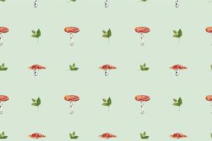 Botanical watercolor hand drawn seamless pattern with mushrooms fly agaric and chanterelle with green leaves fall forest wild food vegetarian woodland theme wrapping paper, textile design vector