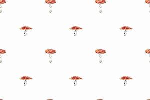 Botanical watercolor hand drawn seamless pattern with mushrooms fly agaric and chanterelle with green leaves fall forest wild food vegetarian woodland theme wrapping paper, textile design vector