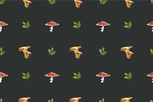 Botanical watercolor hand drawn seamless pattern with mushrooms fly agaric and chanterelle with green leaves fall forest wild food vegetarian woodland theme wrapping paper, textile design vector