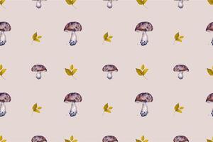 Botanical watercolor hand drawn seamless pattern with mushrooms cep and chanterelle with green leaves fall forest wild food vegetarian woodland theme wrapping paper, textile design vector