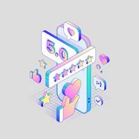 3d Stars Review and Rating Button in different Isometric Dimension. Big five sign in Holographic colors. Heart symbol illustration vector