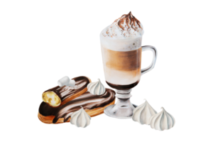 Fluffy foam latte coffee in a glass cup with eclair in chocolate, meringue and marshmallows. Hand painting watercolor illustration on isolated background. For designers, menu, shop, bar, bistro png