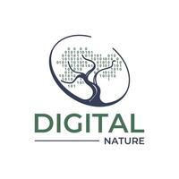 Digital Binary Code Branched Dry Tree Nature Circle Logo Template vector