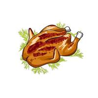 A whole roasted chicken cooked with a torch, complete with a rosemary leaf garnish. vector