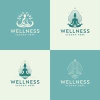Explore four logos for a wellness business featuring a woman in lotus pose, symbolizing serenity and health. Ideal for yoga studios and holistic health practices. vector