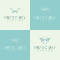 Four distinctive logo designs featuring dragonflies, each symbolizing agility and transformation. Ideal for brands seeking a blend of nature-inspired elegance and dynamic energy. vector
