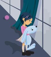 kid hugging doll while staring out of the window vector
