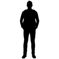 a man with a backpack keeps his hands on the waist raised on hand high above his head front view isolated white background vector