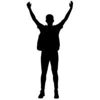 a man with a backpack keeps his hands on the waist raised on hand high above his head front view isolated white background vector