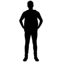 a man with a backpack keeps his hands on the waist raised on hand high above his head front view isolated white background vector