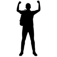 a man with a backpack keeps his hands on the waist raised on hand high above his head front view isolated white background vector