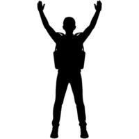 a man with a backpack keeps his hands on the waist raised on hand high above his head front view isolated white background vector