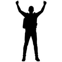 a man with a backpack keeps his hands on the waist raised on hand high above his head front view isolated white background vector