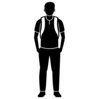 a man with a backpack keeps his hands on the waist raised on hand high above his head front view isolated white background vector