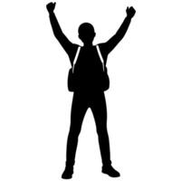 a man with a backpack keeps his hands on the waist raised on hand high above his head front view isolated white background vector