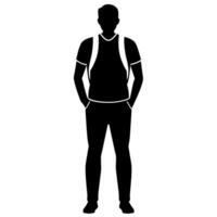 a man with a backpack keeps his hands on the waist raised on hand high above his head front view isolated white background vector
