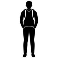 a man with a backpack keeps his hands on the waist raised on hand high above his head front view isolated white background vector