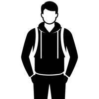 a man with a backpack keeps his hands on the waist raised on hand high above his head front view isolated white background vector