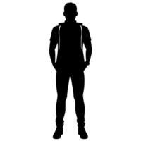 a man with a backpack keeps his hands on the waist raised on hand high above his head front view isolated white background vector
