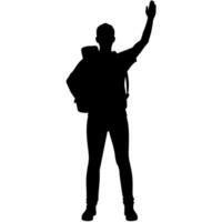 a man with a backpack keeps his hands on the waist raised on hand high above his head front view isolated white background vector