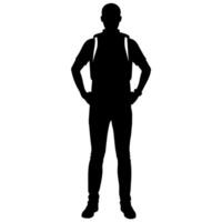 a man with a backpack keeps his hands on the waist raised on hand high above his head front view isolated white background vector