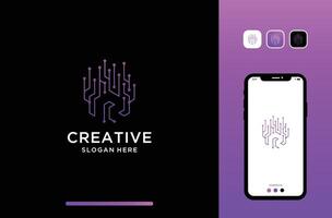 illustration of line tech logo design combine with letter r in negative space. vector
